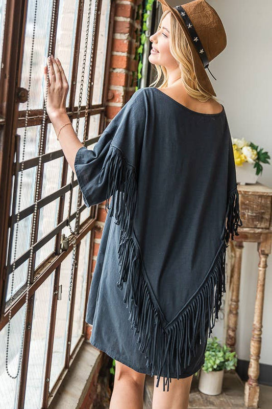 Fringe Back T-shirt Mini Dress - Navy