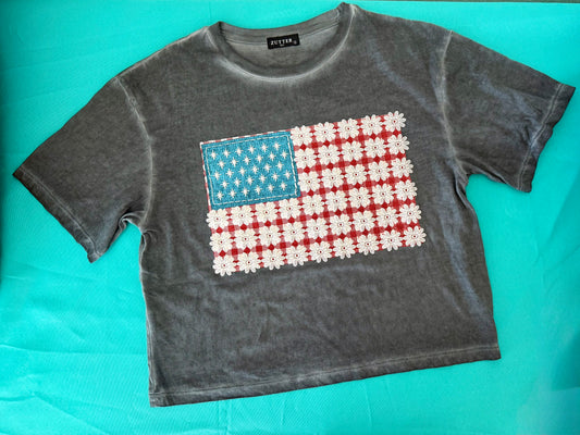 Cropped Flower American Flag T-Shirt